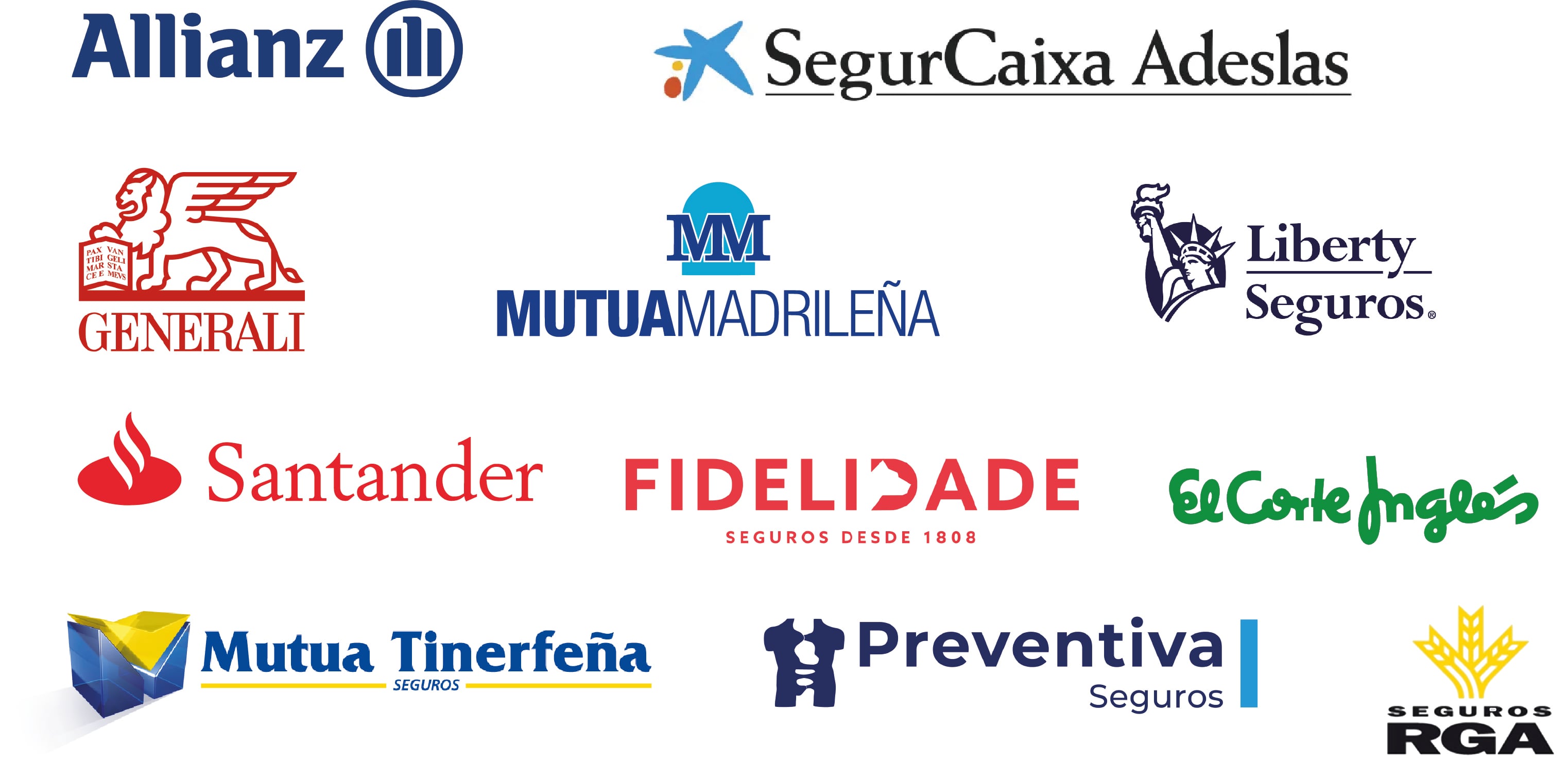 Allianz, SegurCaixa Adeslas, Generali Seguros, Mutua Madrileña, Liberty Seguros, Santander, Fidelidade, El Corte Inglés, Mutua Tinerfeña, Preventiva Seguros, Seguros RGA